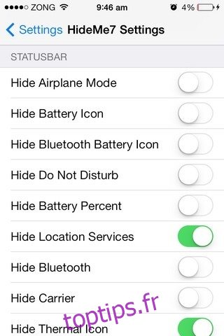 Paramètres de la barre d'état iOS HideMe7