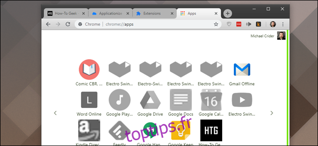 Page des applications de Chrome. La nouvelle extension est en bas.