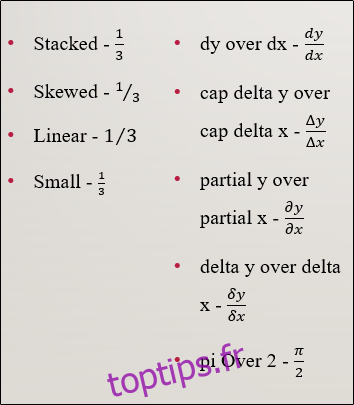 Différents styles de fractions