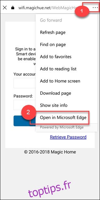 Page de configuration du compte avec trois points et ouverture dans Microsoft Edge encadrée