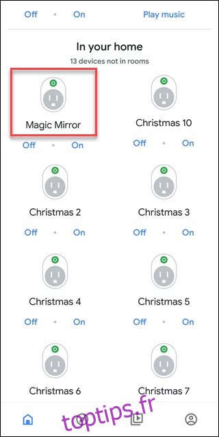 L'application Assistant Google affichant les appareils non attribués, l'appareil Magic Mirror est entouré d'une boîte rouge