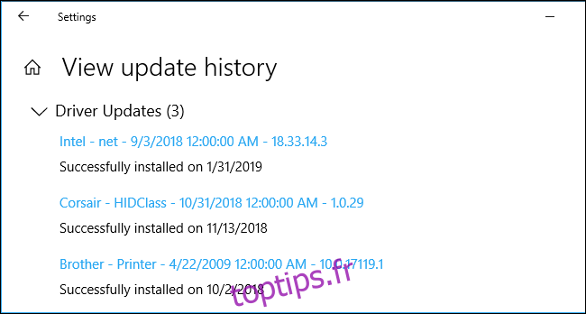 Historique des mises à jour du pilote dans les paramètres de Windows 10