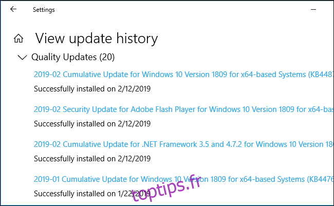 Mises à jour de qualité dans les paramètres de Windows 10