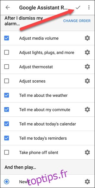 Options de routines de l'Assistant Google dans l'application Horloge d'Android