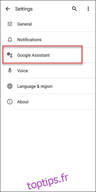 Paramètres de recherche Google avec appel de l'Assistant Google