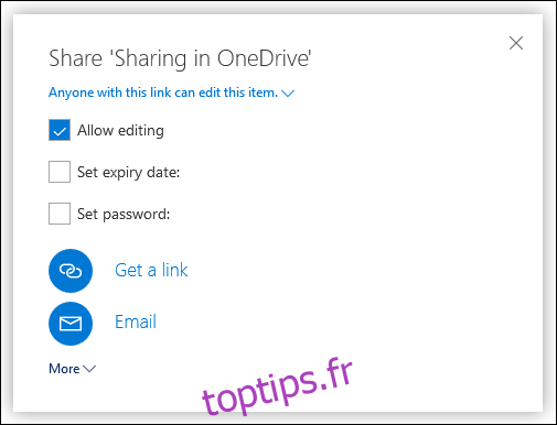 Les options de partage dans OneDrive