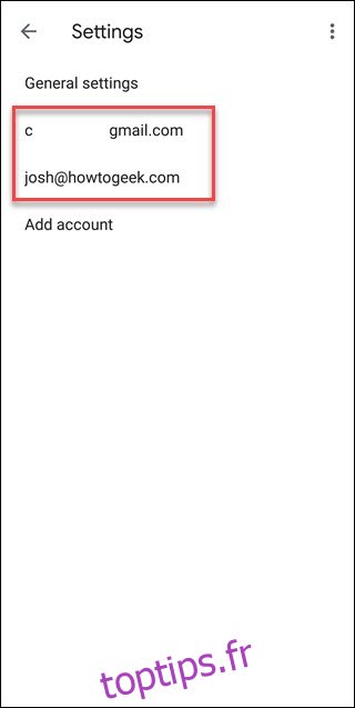 Page Paramètres Gmail avec boîte autour des comptes de messagerie