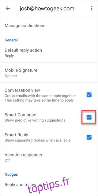 Page Paramètres Gmail avec case autour de la coche pour Smart Compose