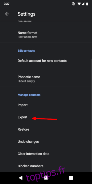 Paramètres de contact Android