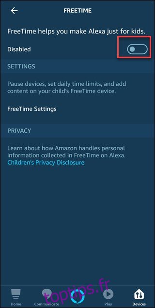 Écran Alexa App Freetime avec boîte autour de la bascule désactivée