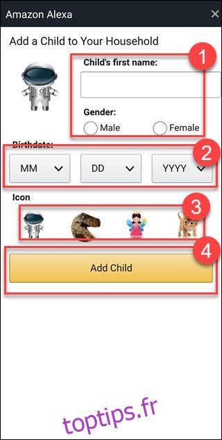 Alexa Ajouter une boîte de dialogue enfant, avec des boîtes autour du nom, du sexe, de la date de naissance, de l'icône et du bouton Ajouter un enfant
