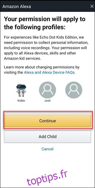 Écran des autorisations Alexa avec boîte autour du bouton Continuer