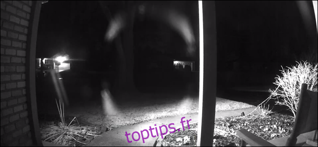 Caméra derrière une vitre la nuit avec vue dégagée sur le porche