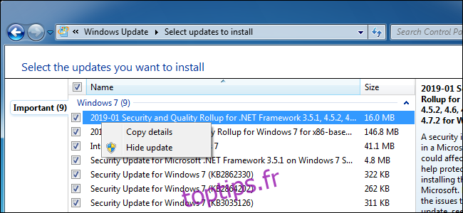 Masquer une mise à jour dans Windows Update sur Windows 7