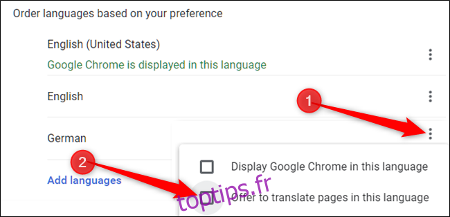Choisissez manuellement ce que Chrome fait avec une langue en cliquant sur les trois points à côté d'une langue, puis cochez / décochez 