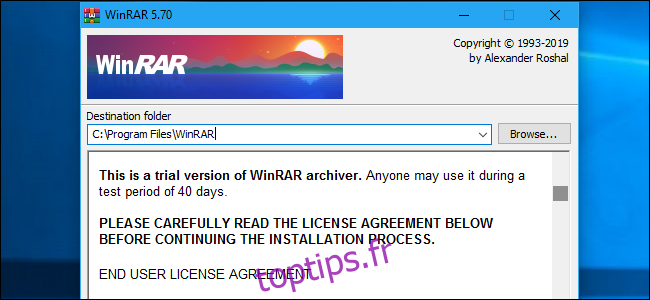 Écran du programme d'installation de WinRAR