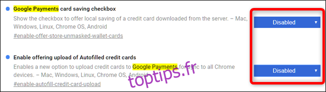Sélectionnez Désactivé dans le menu déroulant pour la case à cocher d'enregistrement de la carte Google Payments et Activer l'offre de téléchargement d'indicateurs de cartes de crédit remplies automatiquement