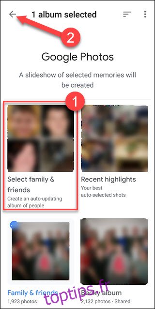 Paramètres Google Photos avec appel autour Sélectionnez l'option Famille et amis