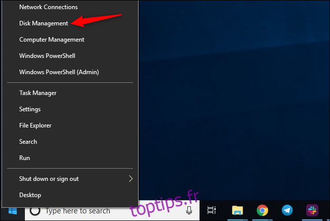 Lancement de la gestion des disques sur Windows 10