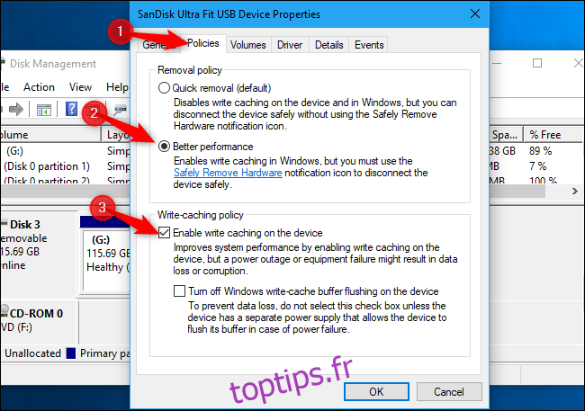 Activation de la mise en cache en écriture pour le stockage externe sous Windows 10