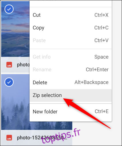 Mettez en surbrillance vos fichiers, faites un clic droit, puis sélectionnez Zip Selection dans le menu contextuel