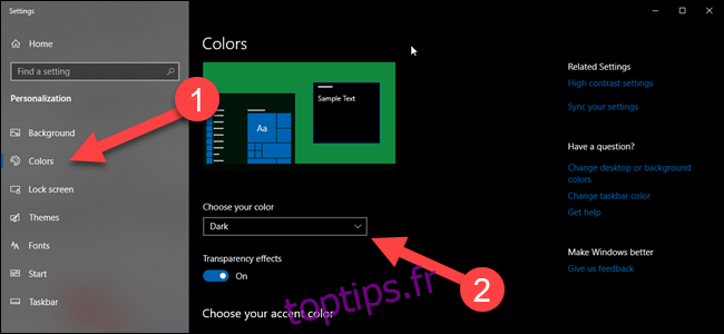 Page des paramètres de couleur Windows avec des flèches pointant vers les couleurs et les options de thème