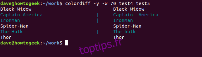 Analysons deux autres fichiers, test4 et test5. Ceux-ci ont les noms de six super-héros en eux.