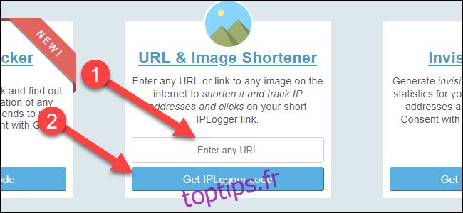 Site d'enregistreur IP avec flèche pointant vers l'option de raccourcissement d'URL et bouton obtenir le code iplogger