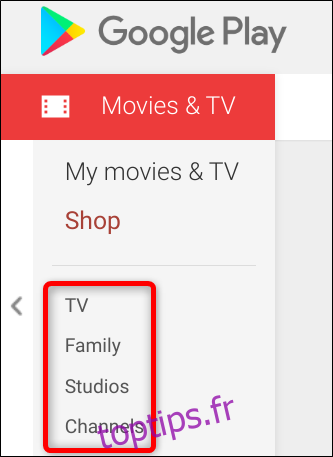 D'autres options de filtrage sur la barre latérale vous permettent de trier par télévision, famille, studios de production et chaîne sur laquelle une émission est diffusée
