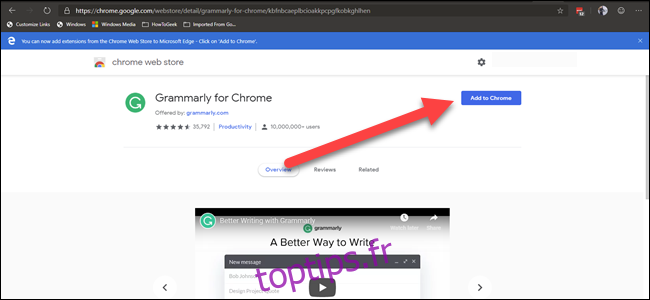 Extension de Chrome Web Gramarly avec une flèche pointant vers le bouton 
