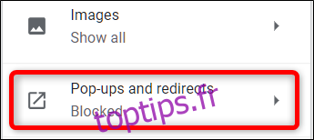 Cliquez sur Pop-ups et redirections
