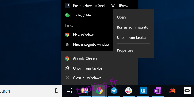 Ouverture de la fenêtre des propriétés du raccourci de la barre des tâches de Chrome sous Windows 10