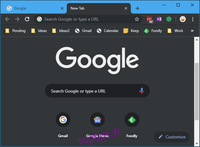 Le mode sombre intégré de Chrome sur Windows 10 affichant la nouvelle page à onglet
