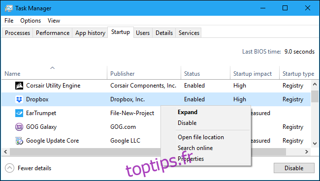 Désactivation d'une application de démarrage dans le Gestionnaire des tâches de Windows 10