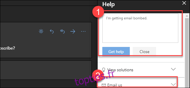 Aide Outlook.com avec des légendes pour obtenir un texte d'aide et nous envoyer un e-mail.