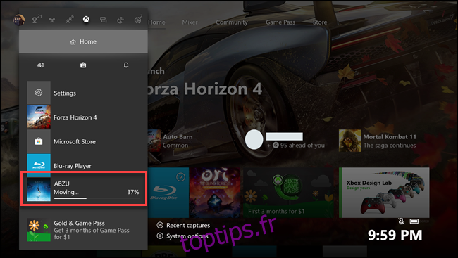 Sous-menu d'accueil Xbox One avec légende autour du jeu Abzu en transfert.
