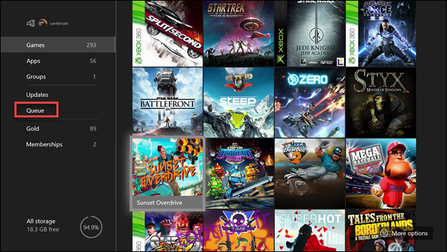 Menu Xbox mes jeux et applications avec boîte autour de l'option File d'attente.