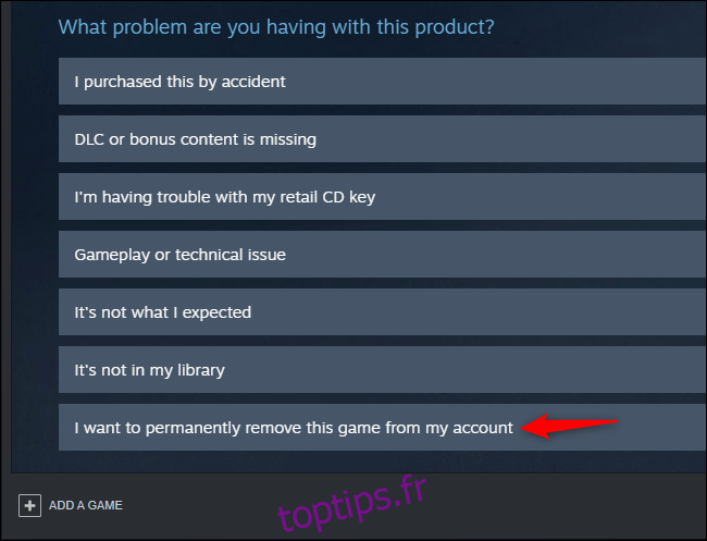 Option pour supprimer définitivement un jeu d'un compte Steam