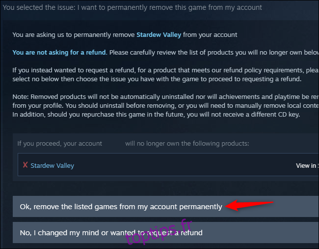 Confirmation de suppression d'un jeu Steam