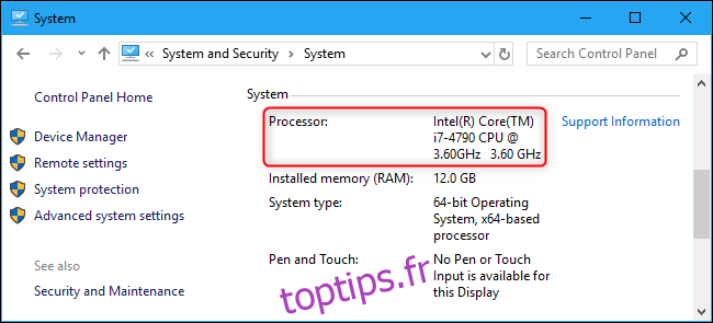 Nom du processeur affiché dans le panneau de configuration de Windows 10