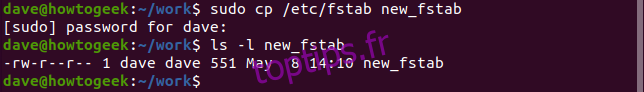 cp / etc / fstab new_fstab dans une fenêtre de terminal