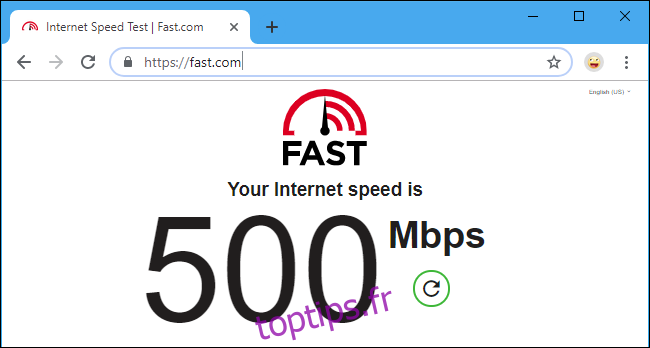 Test de vitesse Fast.com de Netflix montrant 500 Mbps