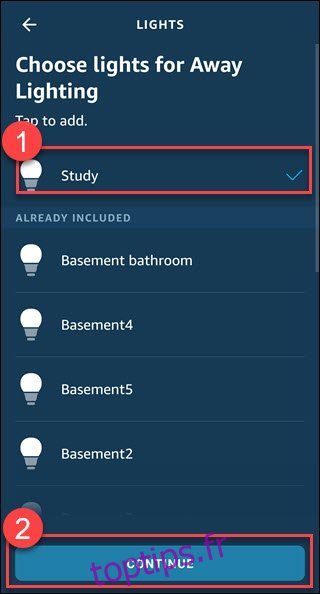 Application Alexa avec boîte autour d'une lumière à ajouter et le bouton Continuer.