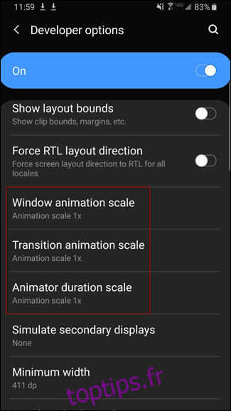 Paramètres d'échelle d'animation sur l'écran des options de développement d'Android.