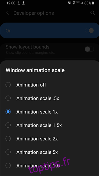 Diverses options d'échelle d'animation de fenêtre sur Android