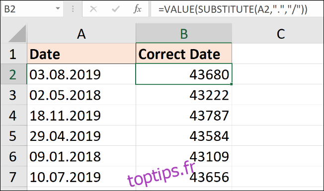 Formule de remplacement pour convertir du texte en dates