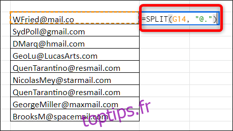 Cliquez sur une cellule vide et tapez = SPLIT (cell_with_data, 