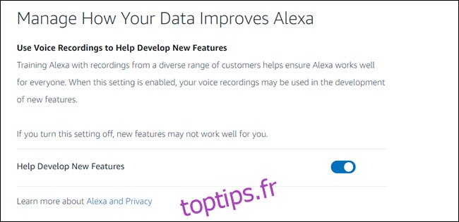 Tableau de bord de confidentialité Alexa avec bascule `` Aide à développer de nouvelles fonctionnalités ''.