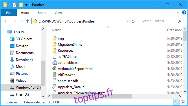 Dossier Panther du journal des messages d'erreur d'installation de Windows 10