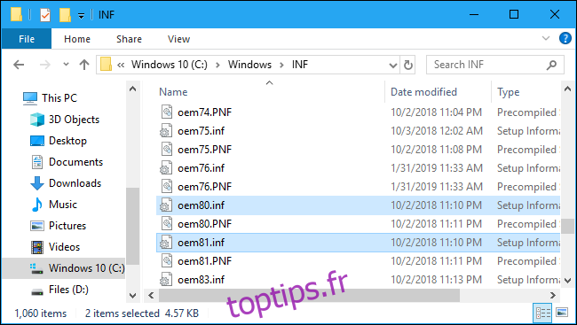 Fichiers OEM INF dans le dossier système de Windows 10